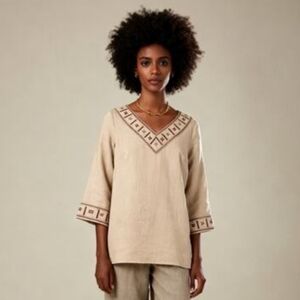 Sara Isabella Beaded Embroidered Irish Linen Tunic Blouse 3/4 Sleeve Size 8